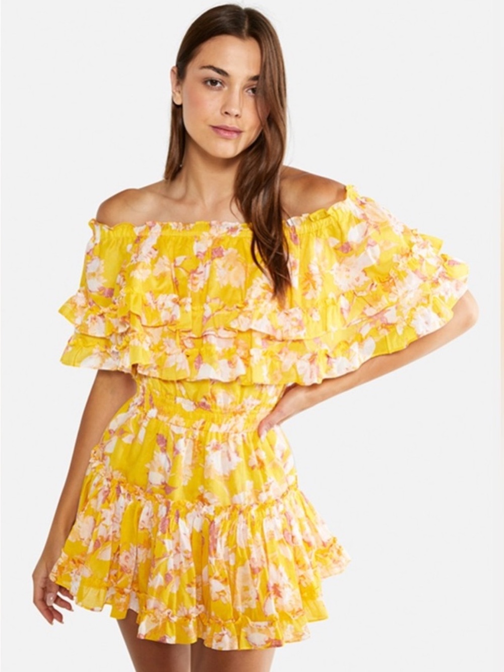 MISA Luella Floral Cotton Off Shoulder Yellow Washed Wildflower Dress Size S
